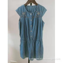 casual cotton denim cap sleeve embroidery girls jumpsuit